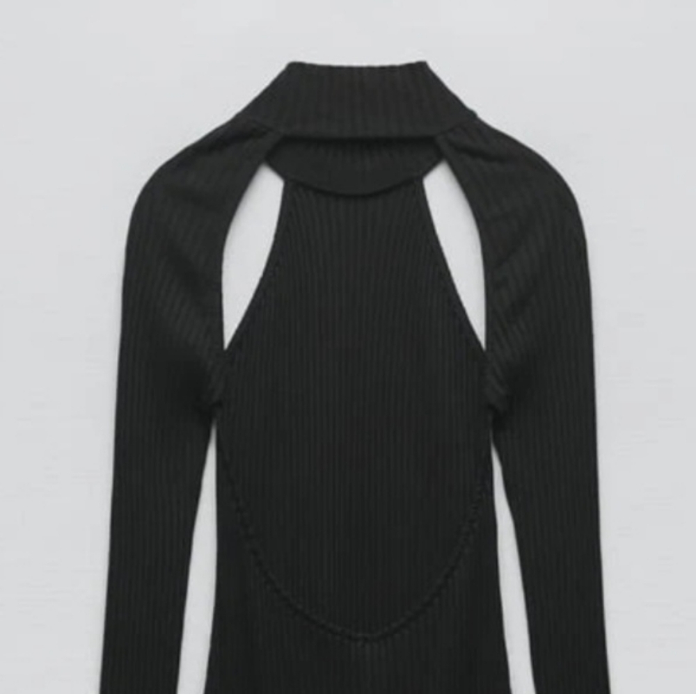 Zara Black Ribbed Long-Sleeve Cutout-Back Dress -NWT - Picture 4 of 6